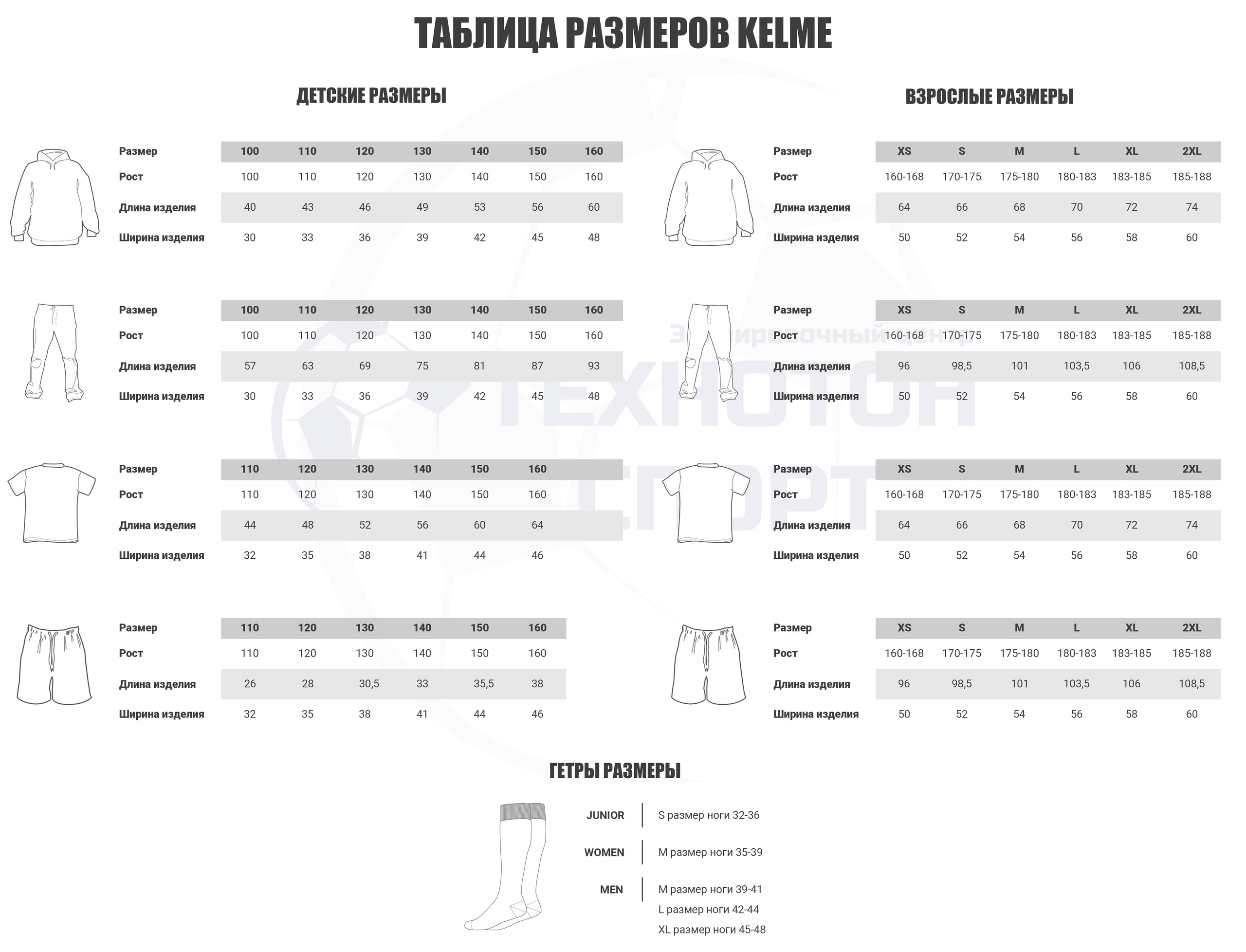 Таблица размеров Kelme